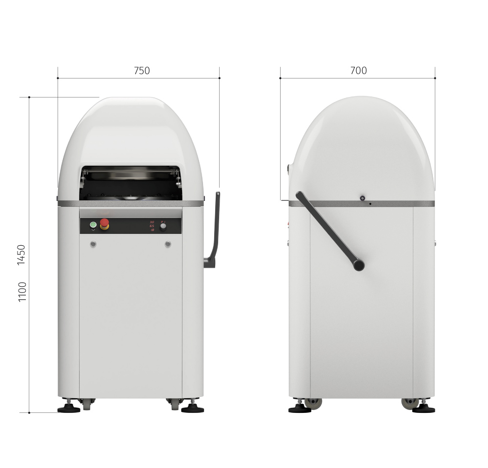 The Dimensions of the Semi Automatic Vitella Dough Divider Rounder. Showing front and side view of the machine.